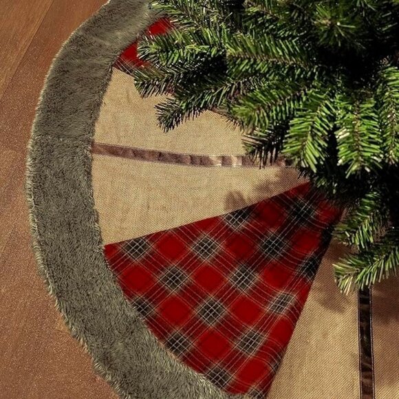 Valery Madelyn 48" Red/Black Tartan Linen Blend Bronze Christmas Tree Skirt - Picture 1 of 14